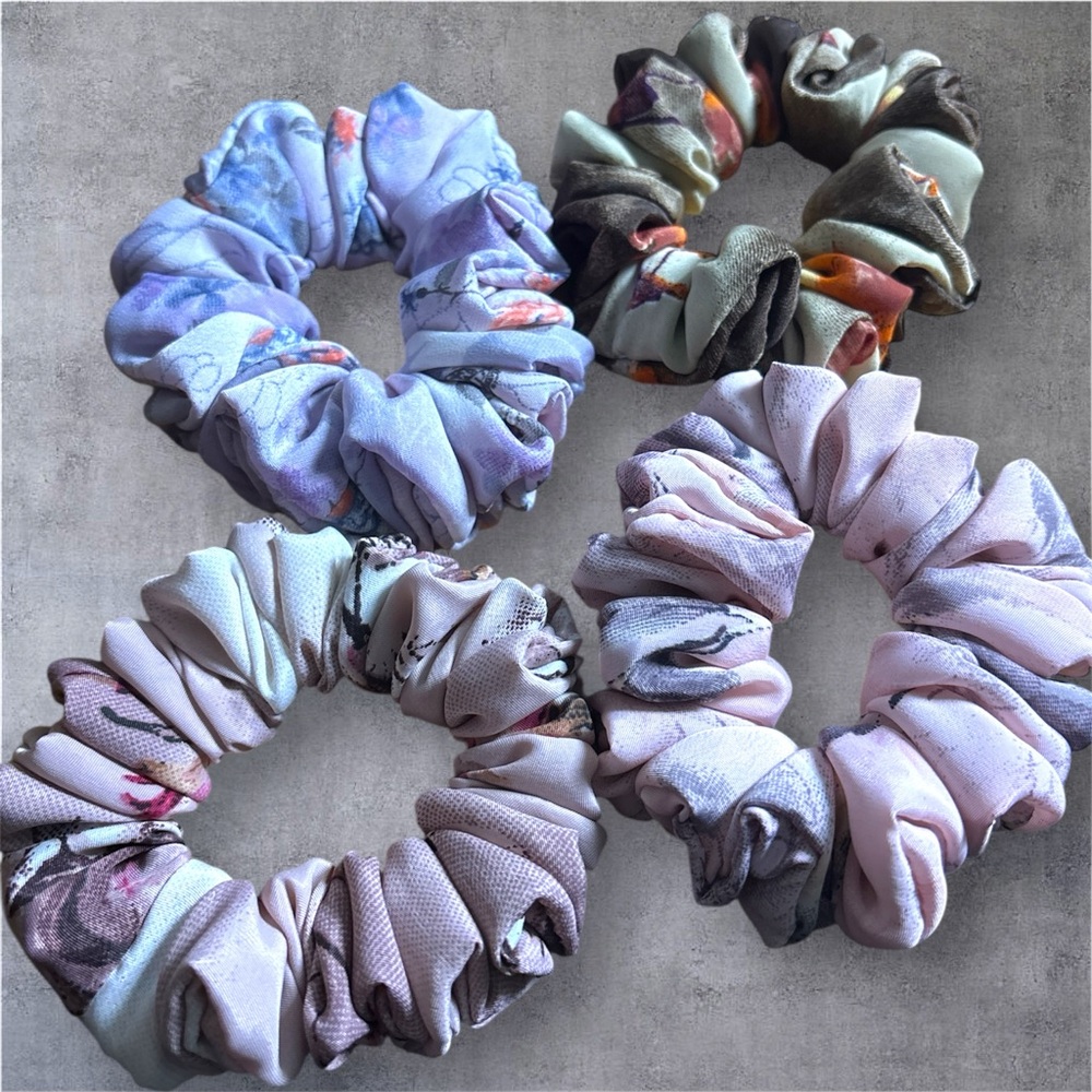 Floral Patterned  Skinny Crepe Hair Scrunchies Set